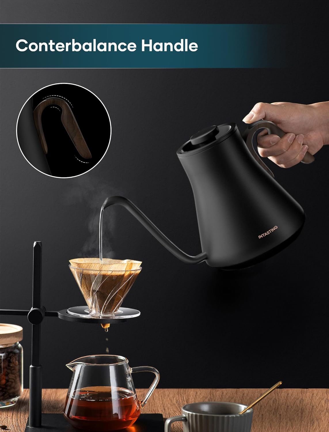 INTASTING Electric Kettle, Gooseneck Electric Kettle, ±1℉ Precise Temperature Control, Stainless Steel Interior, Quick Heating for Pour Over Coffee, Tea & Boiling Water, 0.9L (Black)