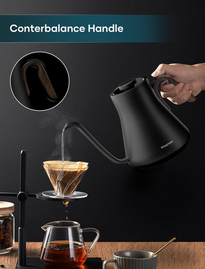 INTASTING Electric Kettle, Gooseneck Electric Kettle, ±1℉ Precise Temperature Control, Stainless Steel Interior, Quick Heating for Pour Over Coffee, Tea & Boiling Water, 0.9L (Black)