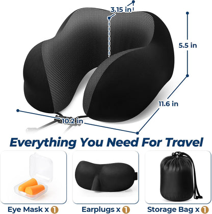 ExploreBliss Travel Pillow, Travel Pillows for Sleeping Airplane, Neck Pillow Airplane, Memory Foam Neck Pillow Set with Eye Mask, Earplugs and Storage Bag -Grey