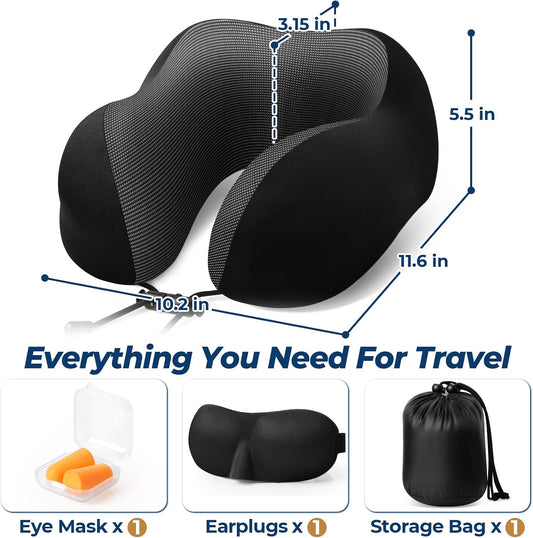 ExploreBliss Travel Pillow, Travel Pillows for Sleeping Airplane, Neck Pillow Airplane, Memory Foam Neck Pillow Set with Eye Mask, Earplugs and Storage Bag -Grey