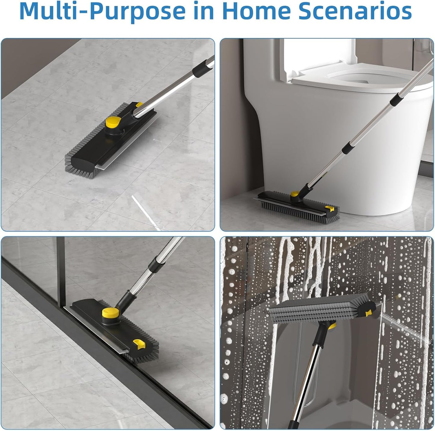 Scrub Brush with Long Handle, Floor Scrub Brush Squeegee Broom for Cleaning, 3 in 1 Shower Scrubber Floor Broom Squeegee for Concrete Tile Wall Deck Patio Grey