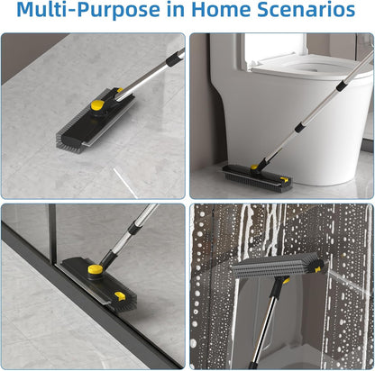 Scrub Brush with Long Handle, Floor Scrub Brush Squeegee Broom for Cleaning, 3 in 1 Shower Scrubber Floor Broom Squeegee for Concrete Tile Wall Deck Patio Grey