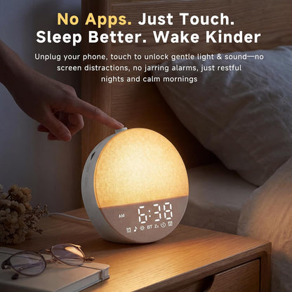 Geuuap Sunrise Alarm Clock White Noise Machine | Natural Wake-Up Light for Bedroom with 30 Soothing Sleep Aids, Bluetooth Speaker, Dimmable Clock, Screen-Free Design for Baby Adults Kids-Khaki