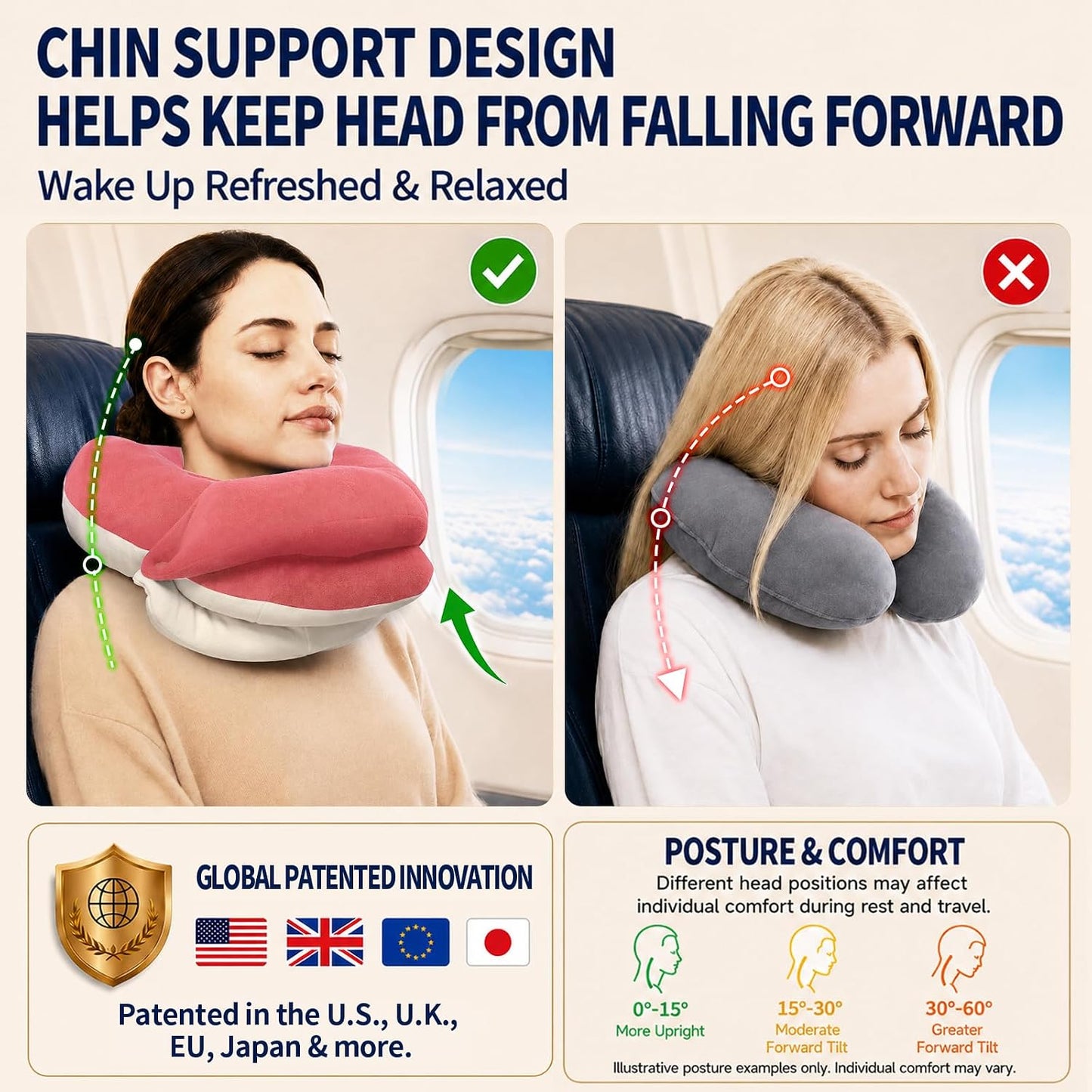 BUYUE Travel Neck Pillows for Airplanes, Memory Foam 360° Head Support Sleep for Long Flight, Skin-Friendly & Breathable, Kit with Eye Mask, Earplugs and Storage Bag (Adult, Grey, 90+ lbs)