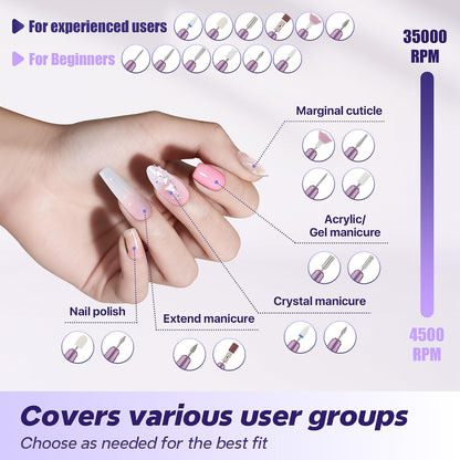 Electric Nail Drill Professional 35000RPM,Rechargeable Electric Nail File Cordless with 9-Speed & LED Display,12-in-1 Portable Manicure Pedicure kit for Acrylic Gel Dip Powder Nails (Purple)