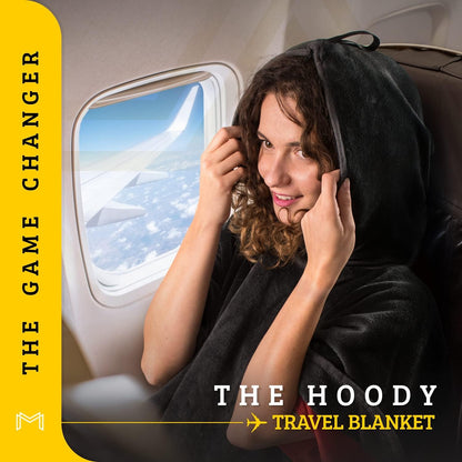 Travel Blanket Airplane Compact with Hoodie – 2in1 Airplane Travel Accessories from Plane Blanket to Travel Pillow with Luggage Strap, Soft Handle & Secure Pocket