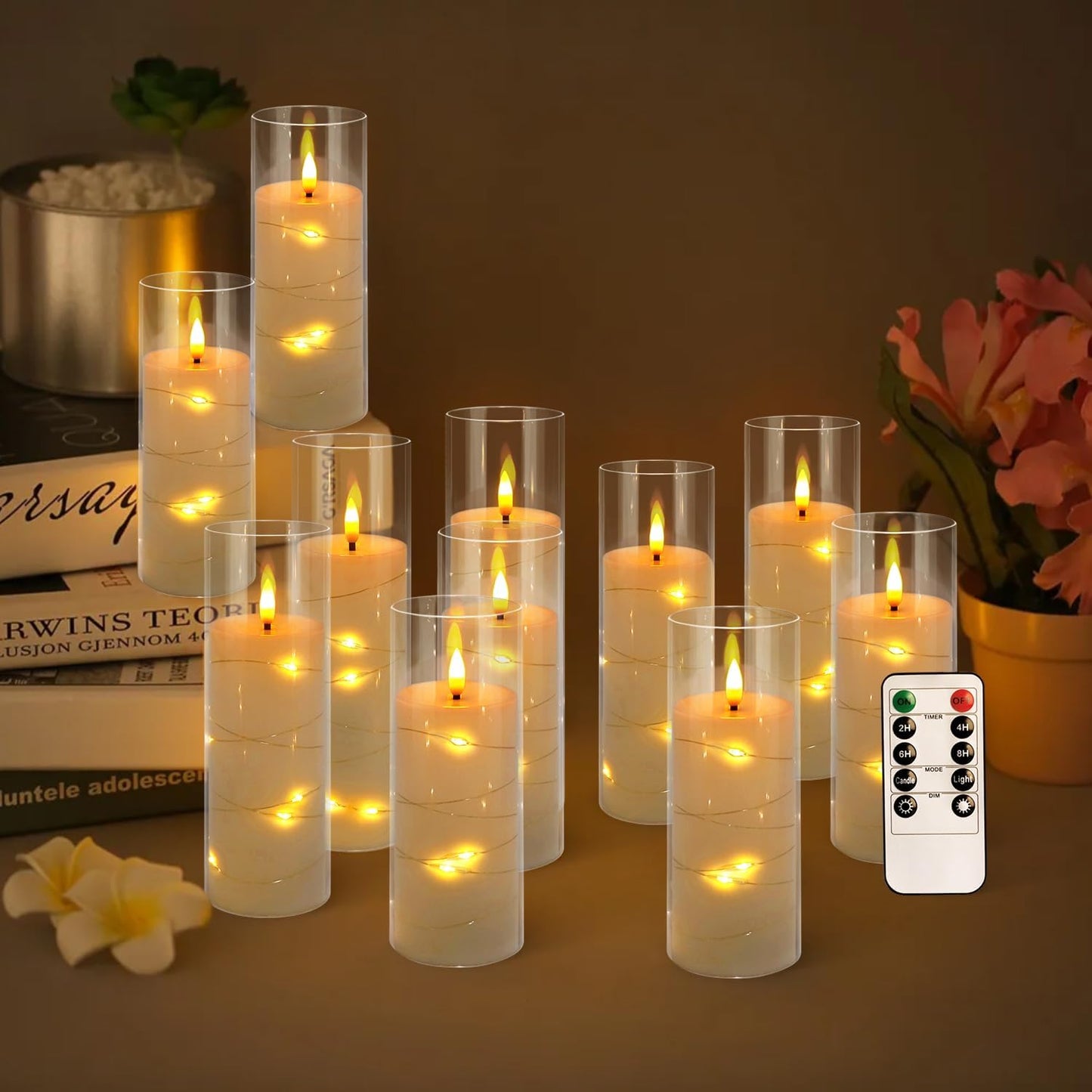 24 Pcs LED Flameless Candles with Remote, 3D Flickering Flame & LED String Lights, Acrylic Clear Cylinder, Timer Function, Romantic Ambience for Home Decor, Party, Wedding (Ivory).