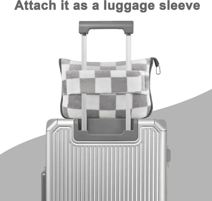 Travel Blanket and Pillow Compact, Premium Soft 2 in 1 Airplane Blanket with Soft Bag Pillowcase，Hand Luggage Sleeve and Backpack Clip (Checkered Black)