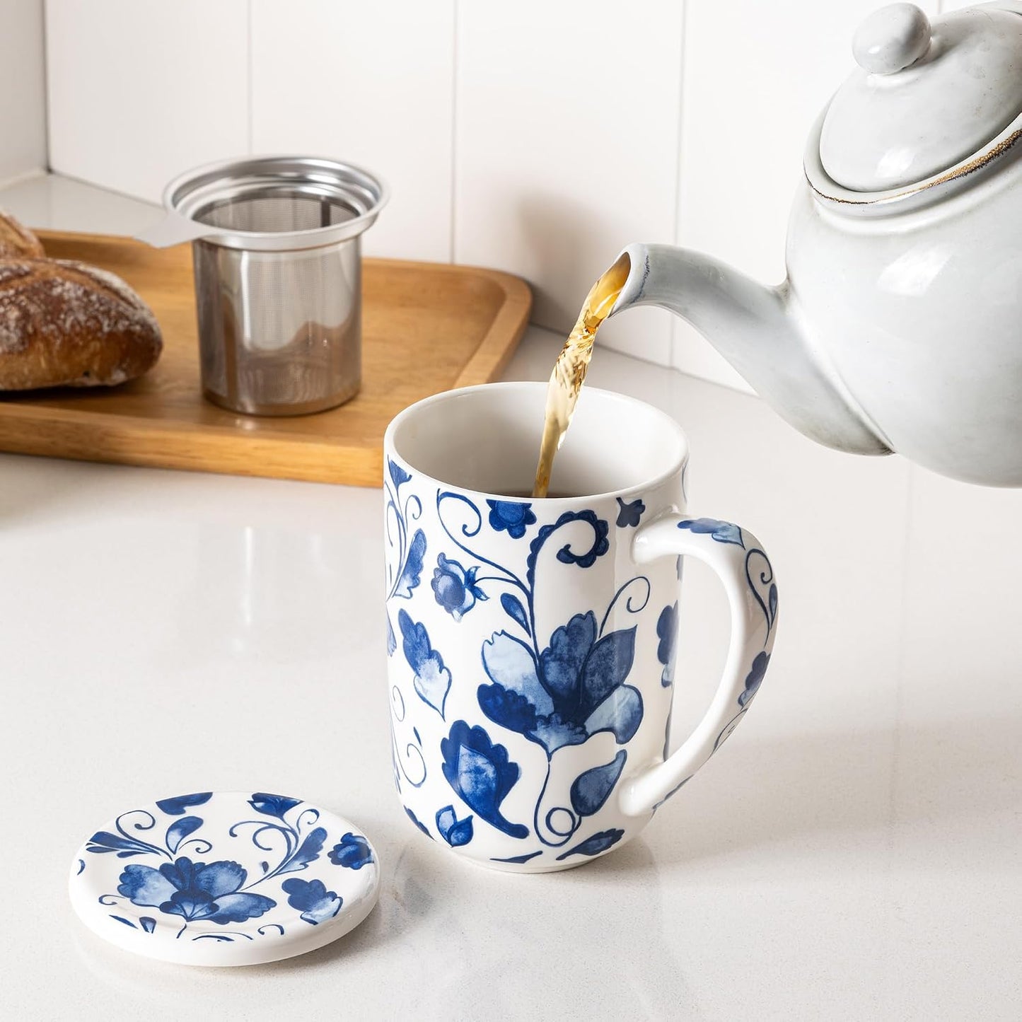 GBhome Tea Mug with Infuser and Lid, 18 Ounce Large Ceramic Loose Leaf Cup, Microwave, Dishwasher Safe, Perfect for Tea Lovers