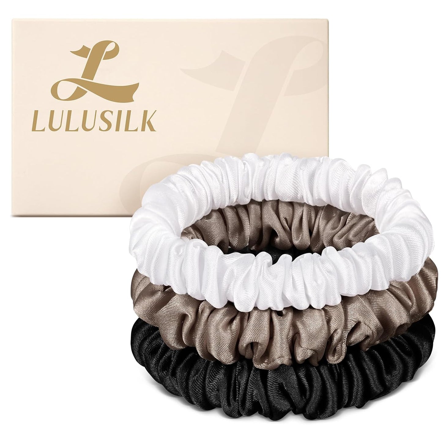 LULUSILK Small Silk Hair Ties No Damage, 100% Real Mulberry Silk, Skinny Scrunchies Ponytail Holders for Thin Fine Hair, Brown, Pack of 3
