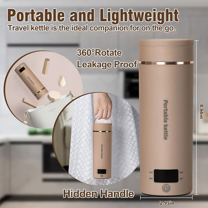 Travel Electric Kettle Portable Mini Kettle,Small Hot Water Boiler with 4 Temperature Settings,304 Stainless Steel,Fast Boiling Water with Auto Shut-Off and Boil Dry Protection,400ml (Beige, 400ML)