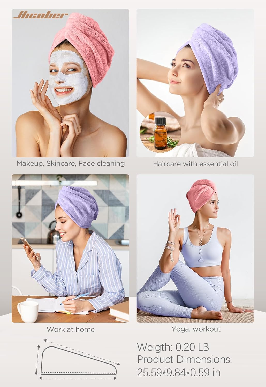 Hicober Microfiber Hair Towel Wrap, Fast Drying Hair Towels for Women, Soft Lightweight Quick Dry Turban for Curly & Long Hair–3 Pack(Blue/Grey/Pink)