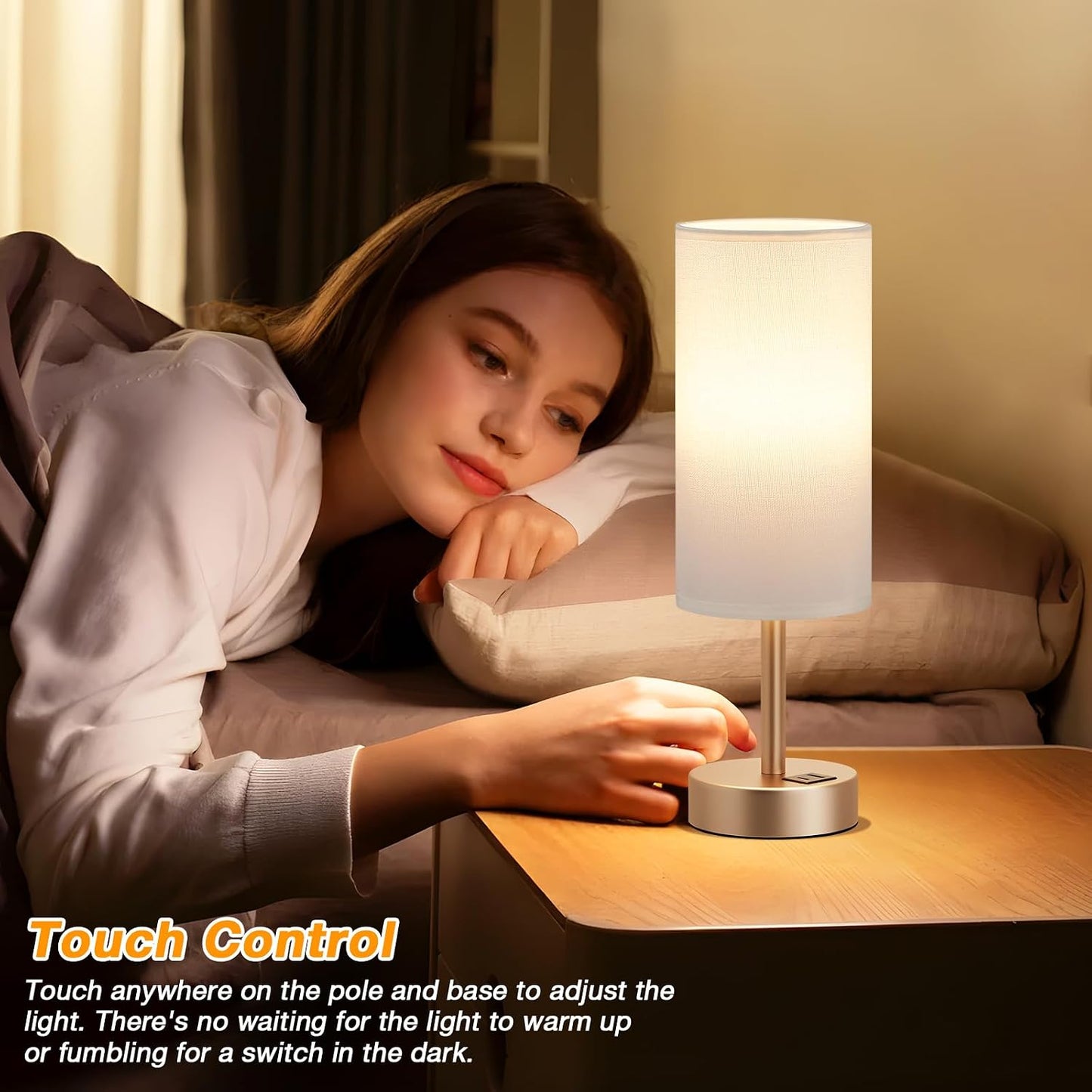 Dicoool Touch Bedside Table Lamp with USB - 3 Way Dimmable Wood Lamp for Bedroom Nightstand, Desk Lamp with Charging Station for Dorm, Living Room, Office, Kids Room, Small, 14in