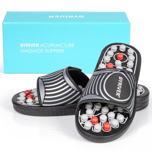BYRIVER Acupressure Foot Massage Mat, Reflexology Tools, Spiky Ball Roller Therapy Sandals Shoes Slippers, Relief Muscle Fatigue, Sciatica, Heel, Lower Back Pain (03L)