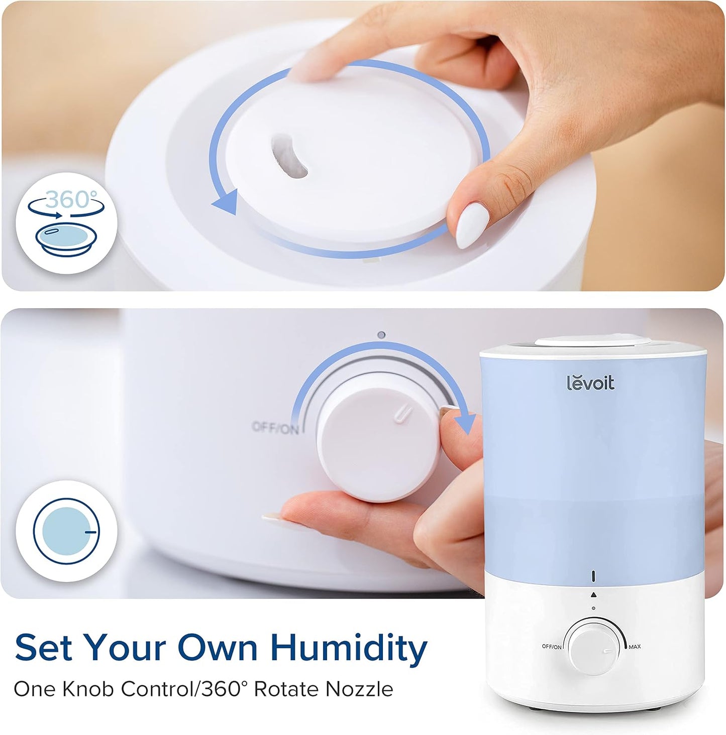 LEVOIT Humidifiers for Bedroom, Quiet, 3L Cool Mist, Essential Oil Diffuser | Top Fill/25Watt - Home/Large Room - 360° Nozzle - Rapid Ultrasonic Humidification for Baby Nursery/Plant