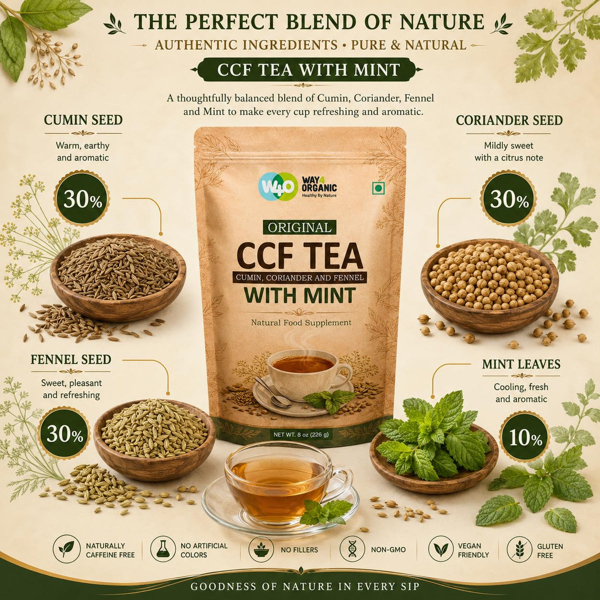 CCF Tea (Cumin, Coriander, Fennel) with Mint - Supports Natural Detoxification 8 Ounces (Pack of 1)