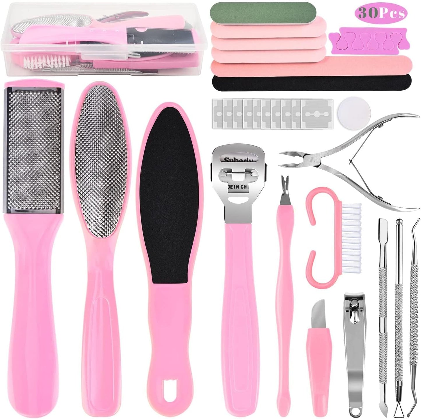 Professional Foot Care Kit, 30-Piece Pedicure Set with Foot File, Callus Shaver, Hard Skin Remover (Pink)