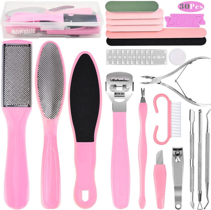 Professional Foot Care Kit, 30-Piece Pedicure Set with Foot File, Callus Shaver, Hard Skin Remover (Pink)