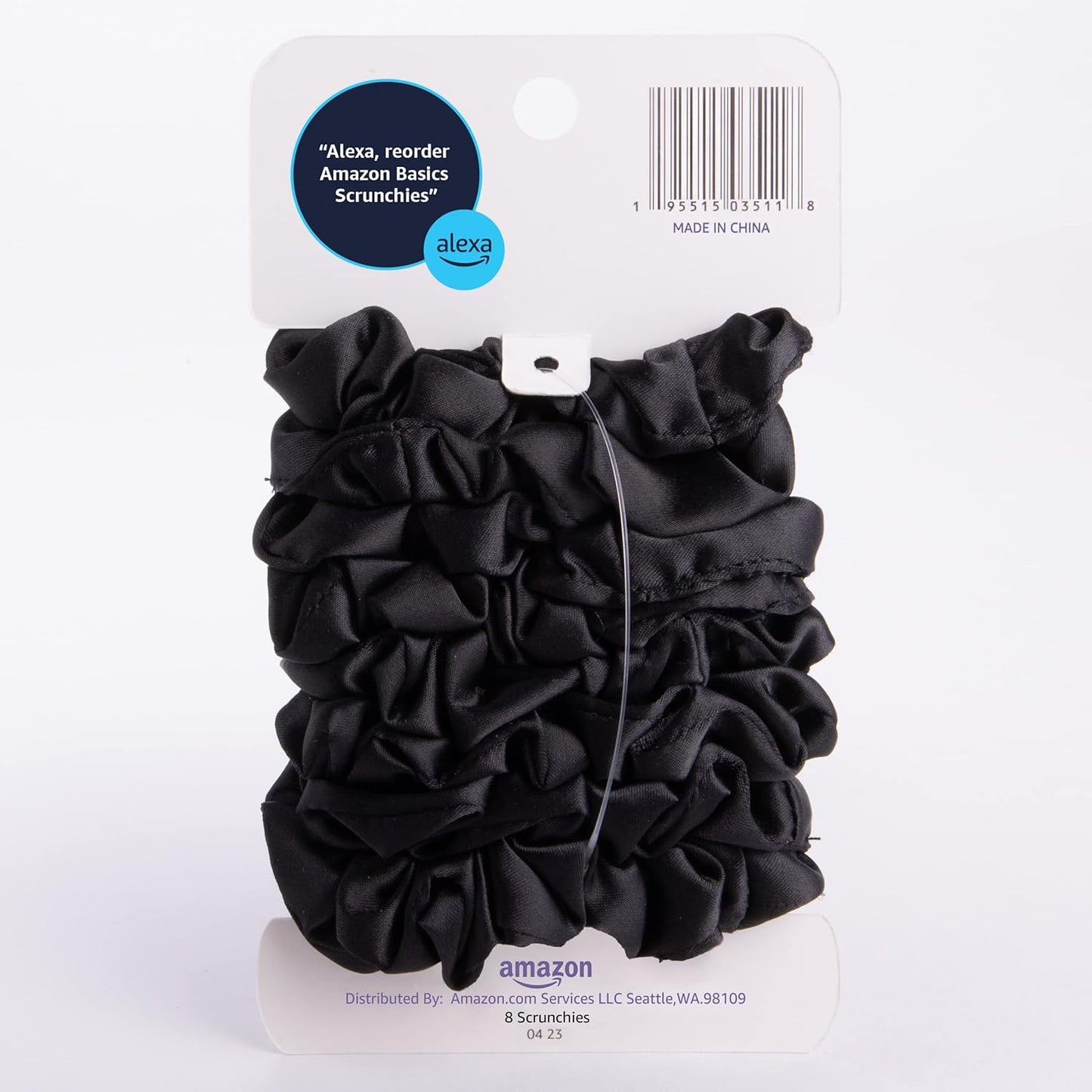 Amazon Basics Satin Scrunchies – No Crease, No Damage Hair Ties – Frizz Free, Gentle, Stylish Scrunchies. Black, 8 Count, For Thin and Normal Hair