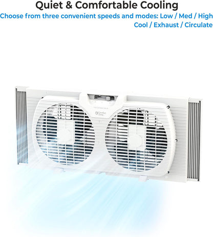 Comfort Zone Twin Window Fan with Reversible Airflow Control, 9 inch, Auto-Locking Expanders, 2 Speed Fan, Dual Fan, Exhaust, Airflow 9.84 ft/sec, Ideal for Home, Kitchen, Bedroom & Office, CZ319WT