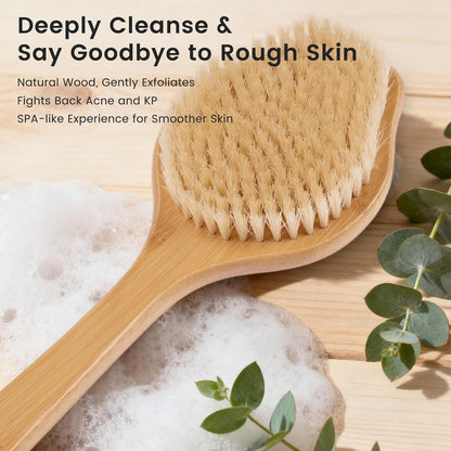 Back Scrubber for Shower，17in Bamboo with Curved Long Handle - Stiff Natural Boar Bristles for Men and Women, Deep Cleansing and Exfoliating, Anti-Slip Grip for Wet or Dry Brushing