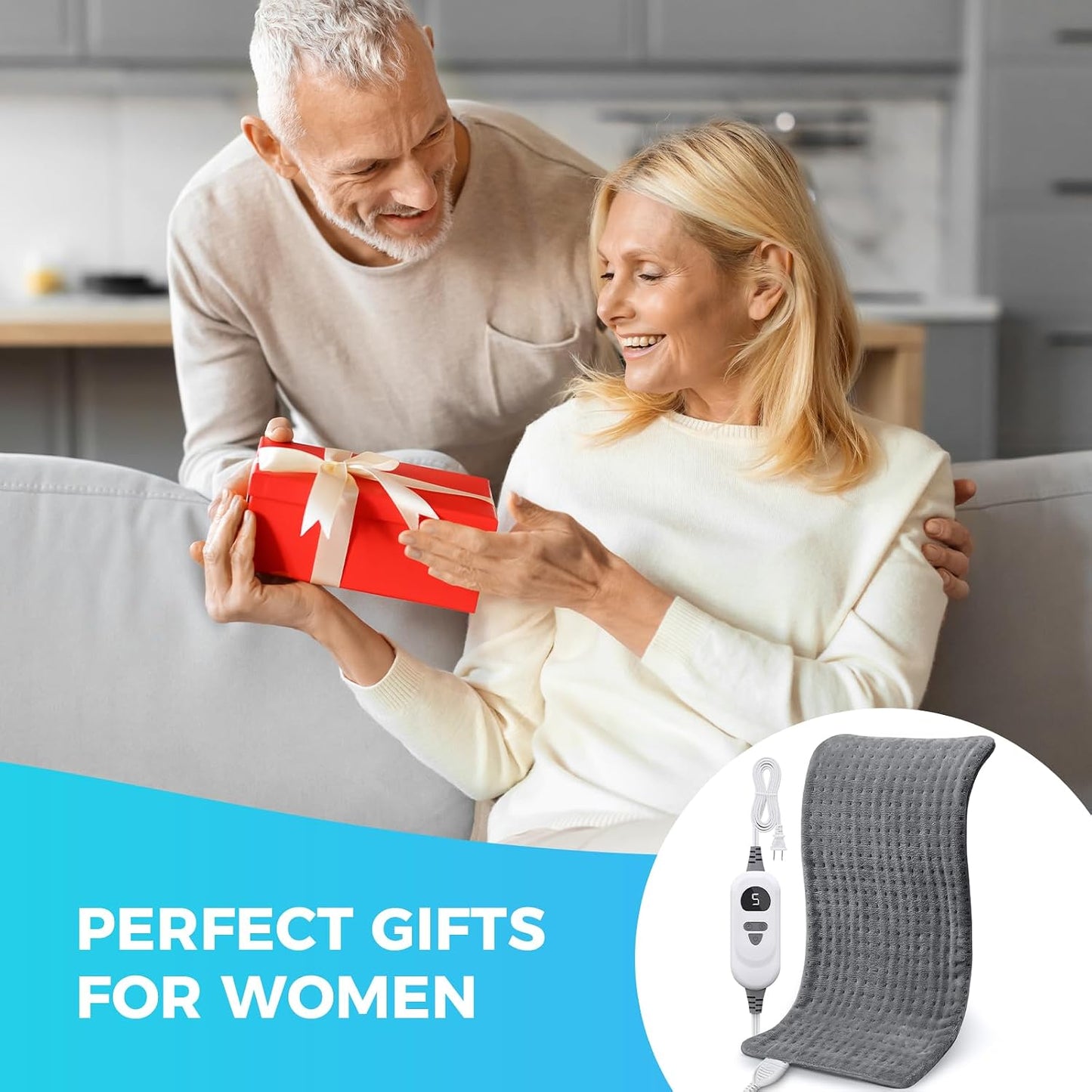 NOWWISH Heating Pad for Back, Period Cramps, Neck and Shoulder, 12x24 Inches Electric Throw with 6 Heat Settings, Timer and Auto Shut Off, Machine Washable, Birthday Gifts for Women Men, Grey