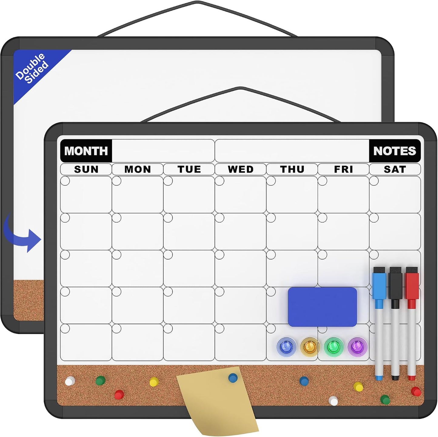 Monthly Calendar Dry Erase Board 16x12 Inch, Double-Sided Whiteboard and Corkboard Combo, Wall Mounted Planner Organizer with Markers, Magnets, Push Pins, Eraser, for Home Office School