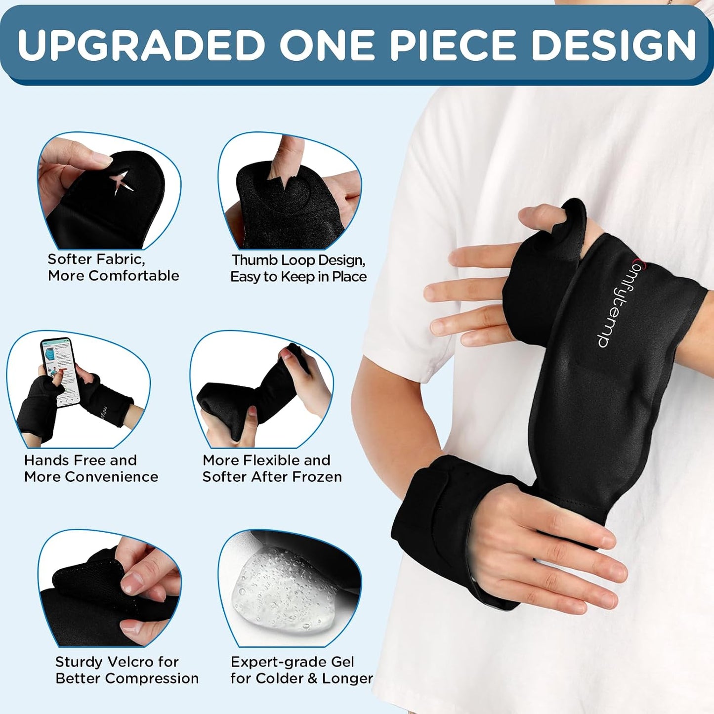 Comfytemp Wrist Ice Pack Wrap Carpal Tunnel Relief Wrist Brace, 2 Packs, FSA Eligible HSA, Gel Ice Packs for Injuries Reusable Wrap for Hand Pain, Hot Cold Compress Hand Brace, Men Women Recovery Item