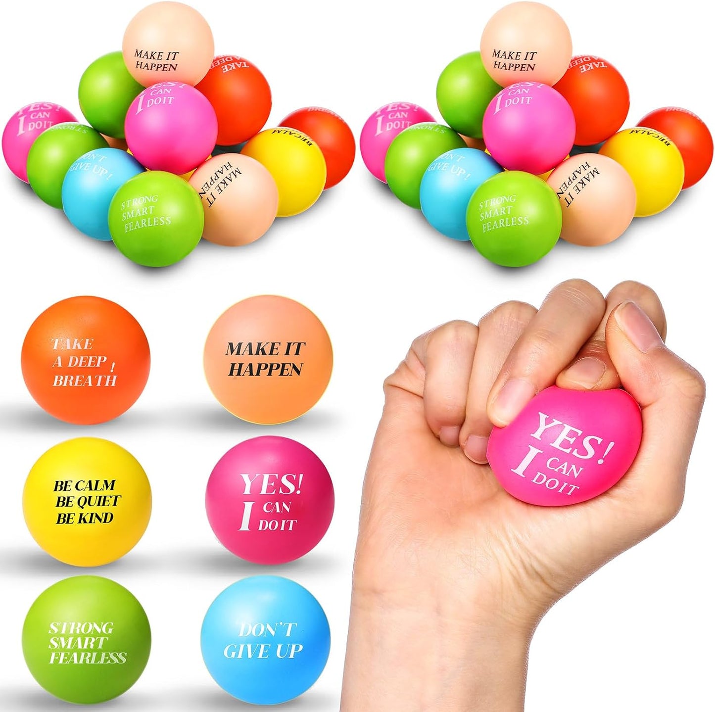 Sotiff 100 Pcs Stress Balls Bulk for Adults Colorful Foam Stress Relief Gift Toys with Motivational Quotes Squeeze Balls for Office Relief Employee Appreciation (Ten Colors,Inspirational)