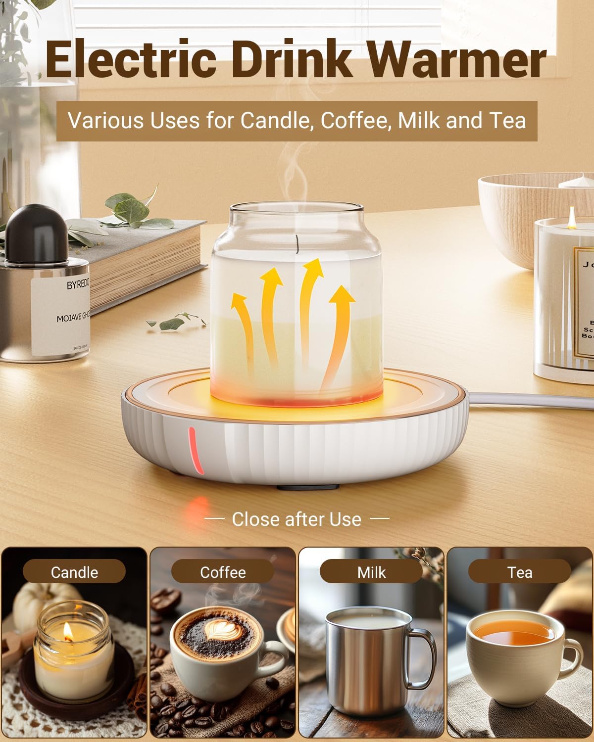 HouseGem Large Candle Warmer Plate - Coffee Cup Mug Warmer for Desk, Candle Melter, Electric Mug Heater for Beverages, Milk & Tea, Coffee Accessories Ideal Gifts Keep Cup Warm (Black)