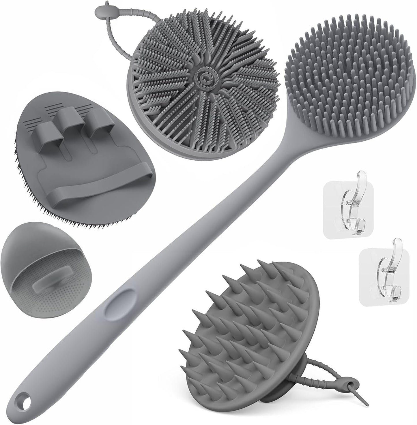 Manmihealth Silicone Back Scrubber & Soft Bath Glove, Silicone Scalp Massager Set 5 PCS, Super-Exfoliating Body Scrubber Shower Brush & Shampoo Brush Combination, with 2 Free Hooks (Style 1 Black)