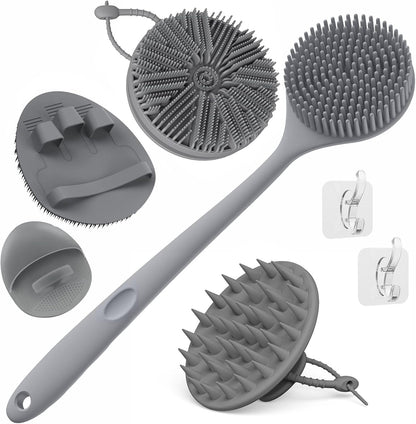 Manmihealth Silicone Back Scrubber & Soft Bath Glove, Silicone Scalp Massager Set 5 PCS, Super-Exfoliating Body Scrubber Shower Brush & Shampoo Brush Combination, with 2 Free Hooks (Style 1 Black)