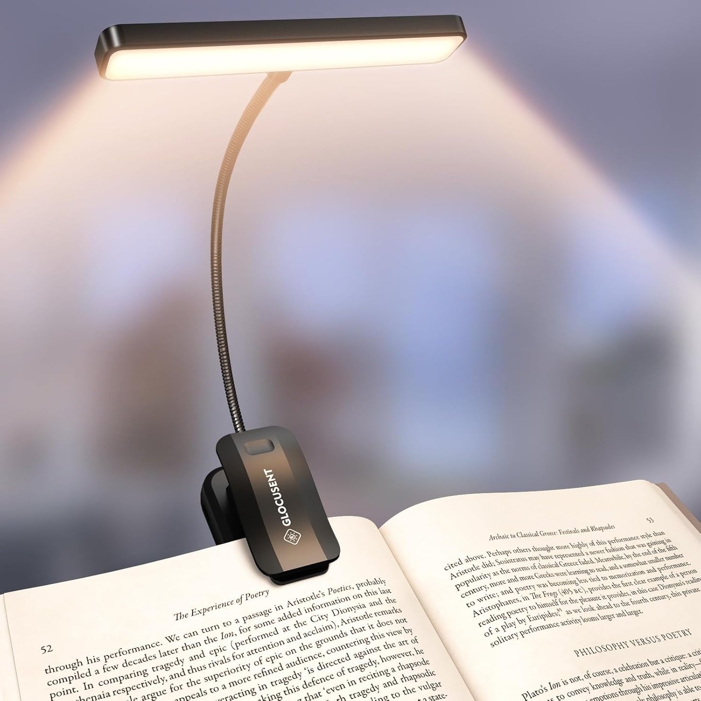 Glocusent 26 LED Rechargeable Book Light for Reading in Bed, Eye-Caring 5 Amber Colors and Stepless Dimming, Lasts 1 Week to a Months, Travel Clip on Lamp Gifts for Book Lovers, Men, Women & Kids