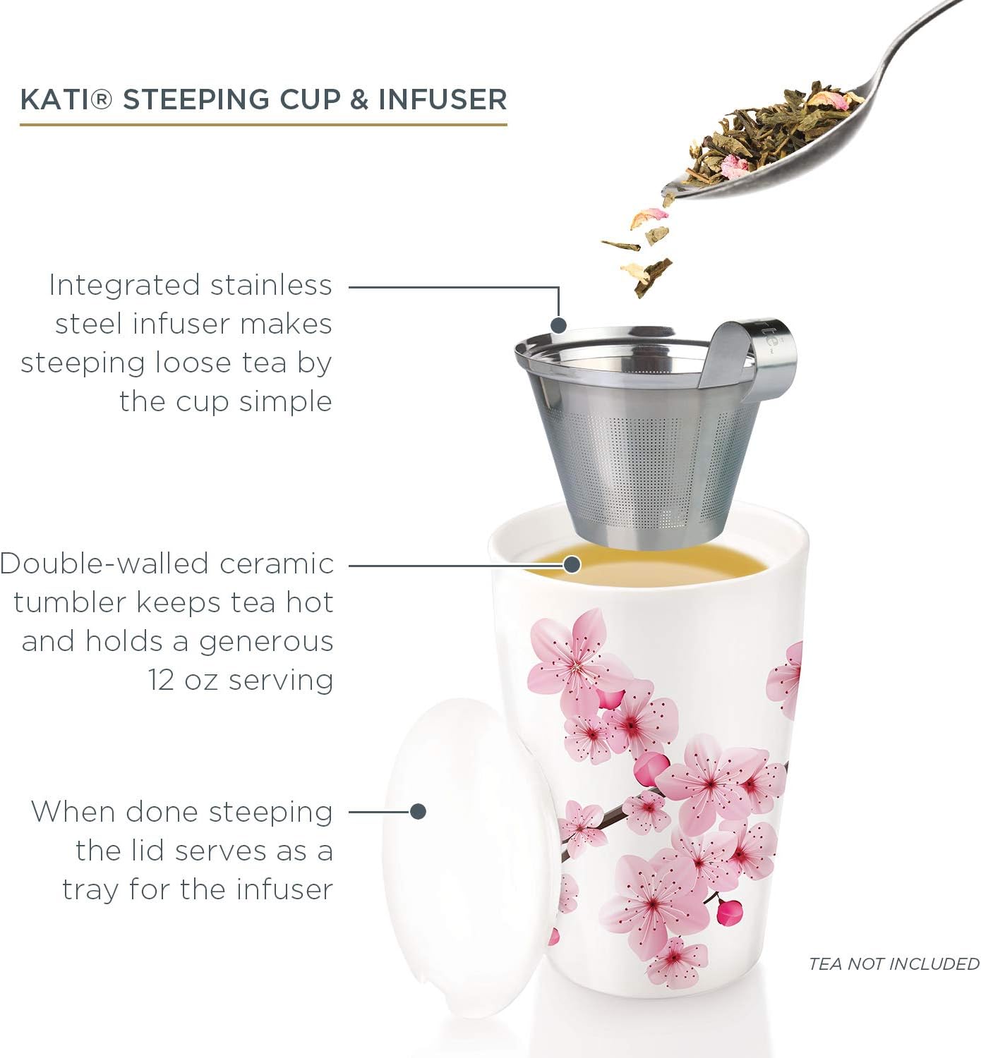 Tea Forte Double-Walled Ceramic Kati Cup, Removable Stainless Steel Infuser Basket and Lid, Steeps 12 oz Loose Leaf Tea, Dishwasher & Microwave Safe, Cherry Blossom
