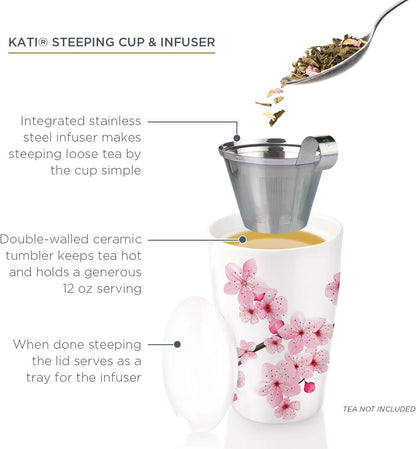 Tea Forte Double-Walled Ceramic Kati Cup, Removable Stainless Steel Infuser Basket and Lid, Steeps 12 oz Loose Leaf Tea, Dishwasher & Microwave Safe, Cherry Blossom