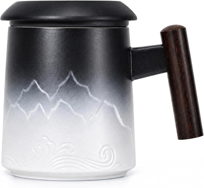 Tea Cup with Infuser and Lid, 14oz Ceramic Loose Leaf Tea Steeper Cup with Wood Handle and Cup Lid, Blue, Black