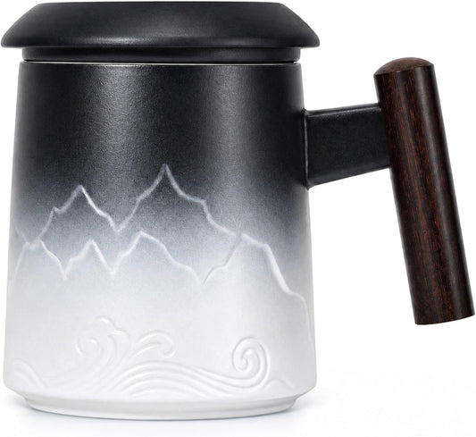 Tea Cup with Infuser and Lid, 14oz Ceramic Loose Leaf Tea Steeper Cup with Wood Handle and Cup Lid, Blue, Black