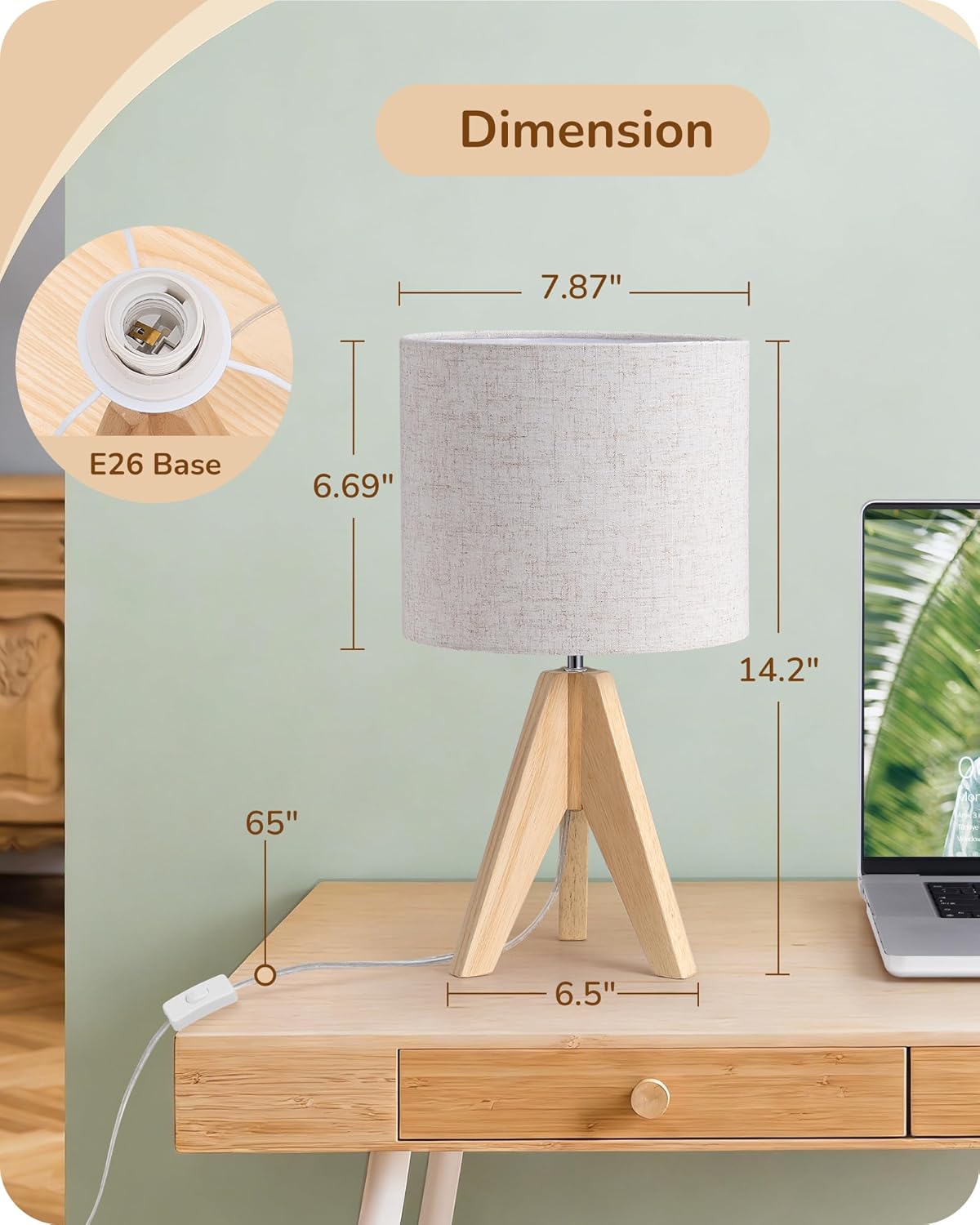EDISHINE Tripod Table Lamp, Small Cute Bedside Lamp with Linen Beige Lampshade, Nightstand Lamp for Nursery, Bedroom, Kid Room, Living Room, Light Brown Wooden Base, E26 Socket, 14.2 Inch