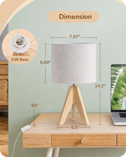 EDISHINE Tripod Table Lamp, Small Cute Bedside Lamp with Linen Beige Lampshade, Nightstand Lamp for Nursery, Bedroom, Kid Room, Living Room, Light Brown Wooden Base, E26 Socket, 14.2 Inch