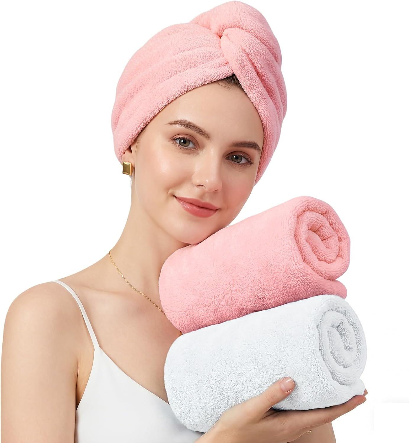Mandydov 100% Cotton Hair Towel Wrap for Women, 2 Pack Thickened & Super Absorbent Turbans, Anti Frizz Quick Dry Hair Towels (Blue, Pink Blush)