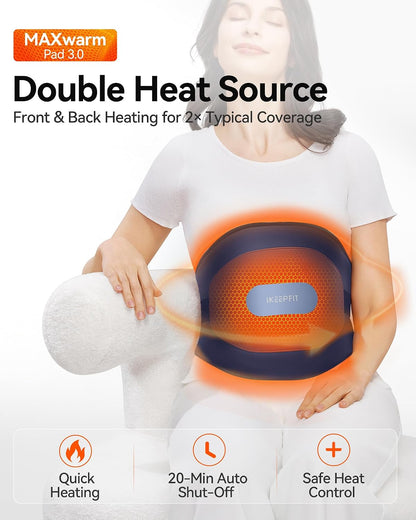 IKEEPFIT Portable Heating Pad for Back, FSA Eligible HSA, Cordless Heat Belt with Massager for Lower Back Pain Relief, Battery Powered 8000 mAh Rechargeable, MAXwarm 3.0, Gift for Women Men 90-310 lb