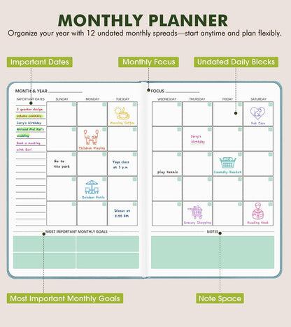 Undated Weekly and Monthly Planner, Hardcover Leather Calendar Blank Planner, Simplified To Do List Notebook with Goal & Habit Tracker Organizer, A5 Daily Weekly Planner for Work School Home, Black