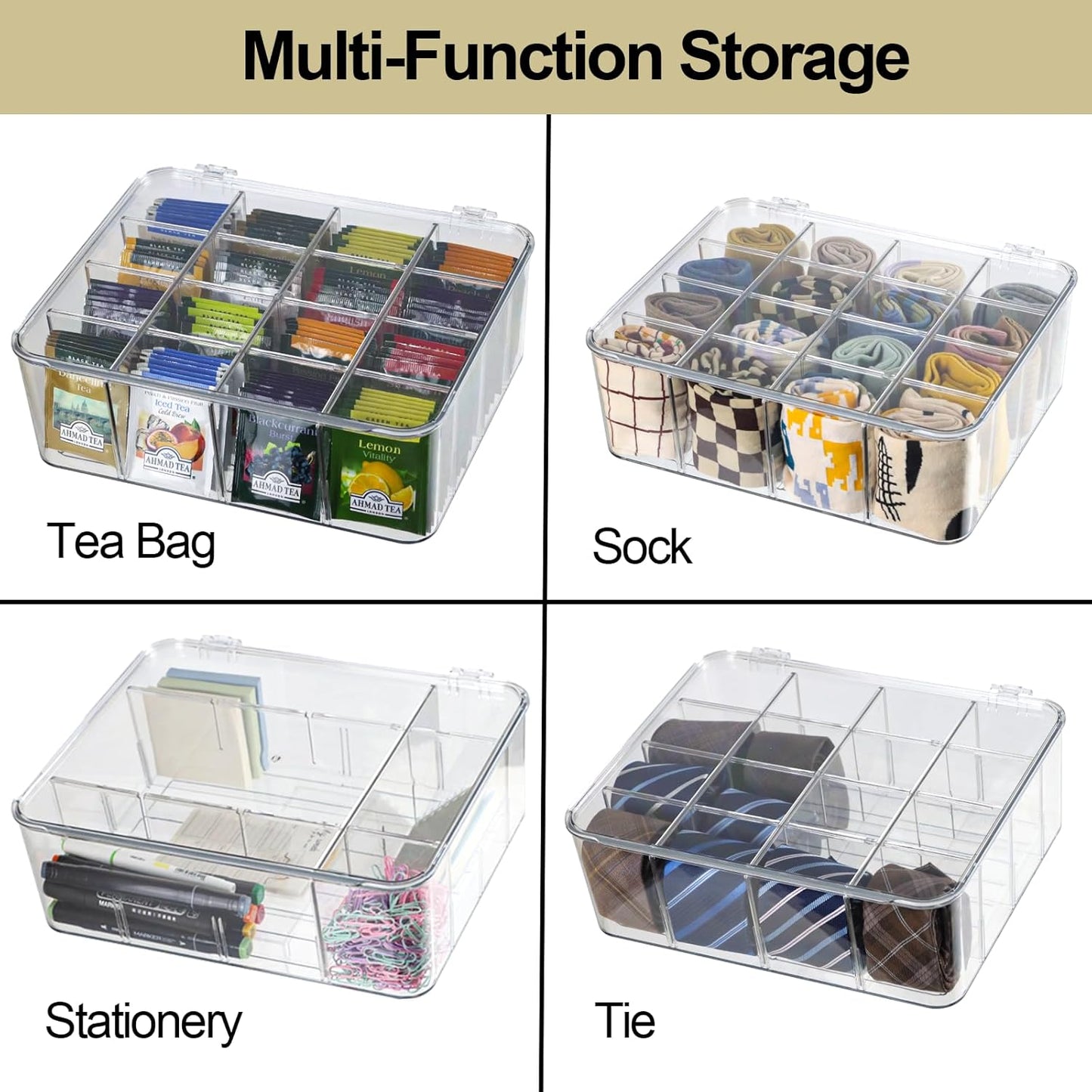 ZEXALOR Clear Tea Bag Organizer, Dresser Organizers Drawer Organzier Storage Container with Removable Dividers, Plastic Storage Bin with Lid, Organizer for Scarves Ties Bras