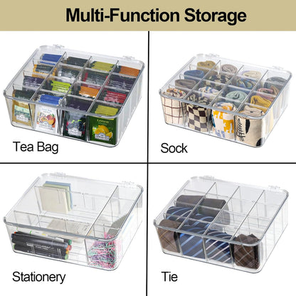 ZEXALOR Clear Tea Bag Organizer, Dresser Organizers Drawer Organzier Storage Container with Removable Dividers, Plastic Storage Bin with Lid, Organizer for Scarves Ties Bras