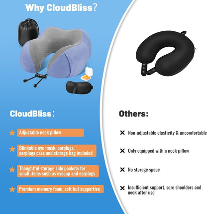 CloudBliss Travel Pillow for Airplane, Memory Foam Neck Pillow for Travel, Compact Flight Pillow with Eye Mask, Earplugs, Carry Bag, Travel Neck Pillow for Long Flight Sleep, Plane Accessories, Black