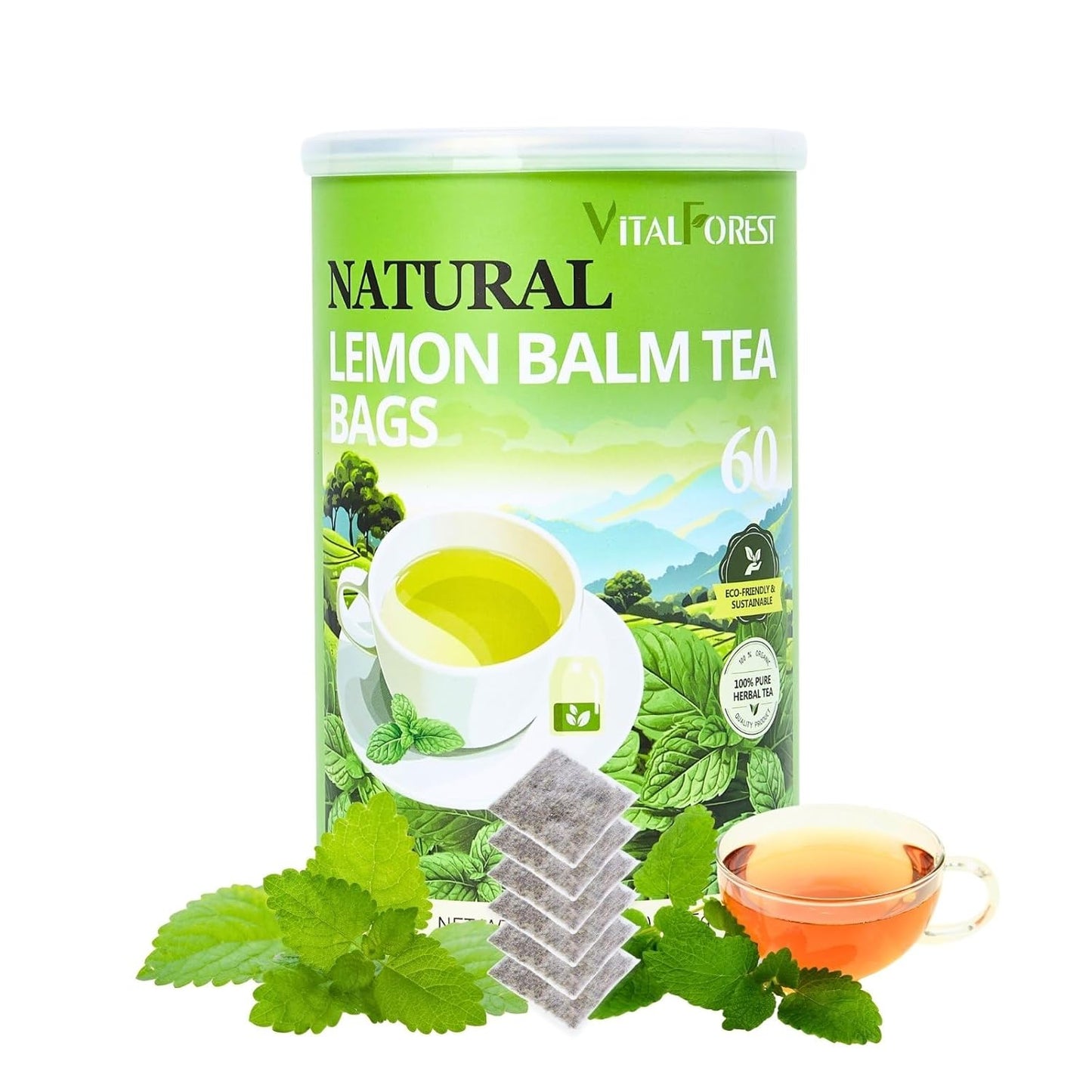60 Lemon Balm Tea Bags - VitalForest Dried Lemon Balm Leaves Tea -1.5g/Bags, Calming Herb, Stress Relief & Sleep Support, Non-GMO, Caffeine-Free
