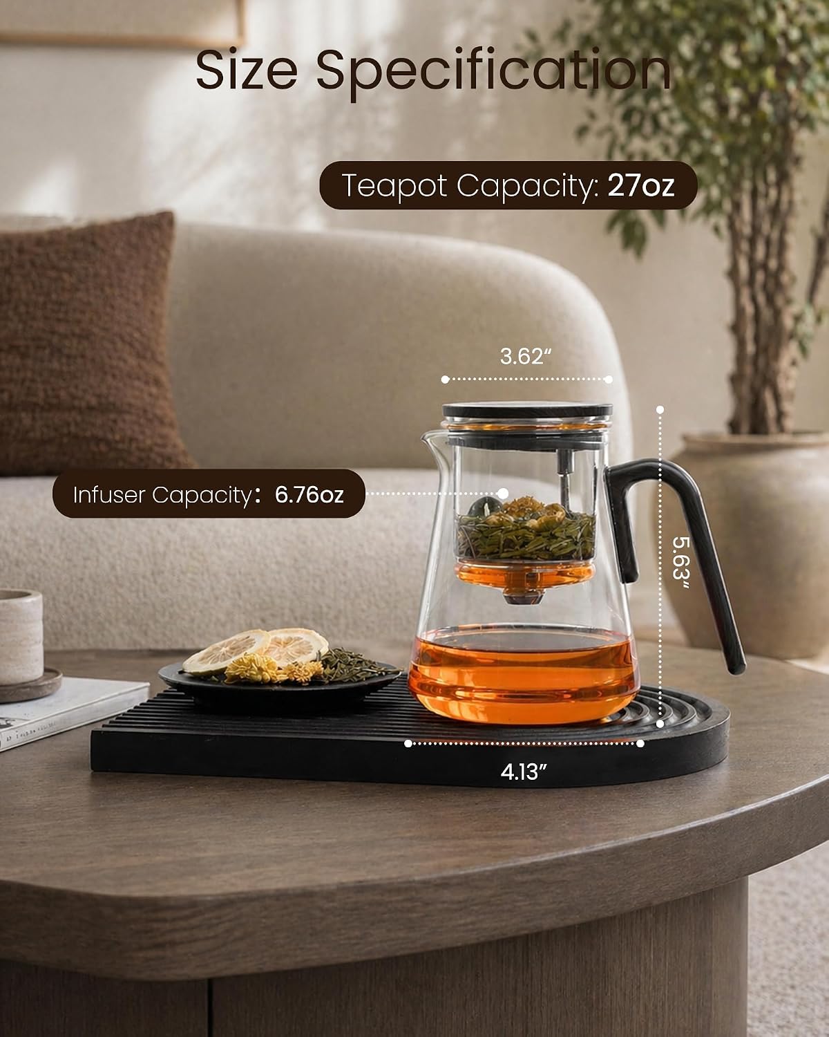 ZENS Magnetic Tea Pot, Enchanted Glass Teapot with Infuser and Magnetic Suction Lid for Mess-Free Loose Tea Diffusers, Walnut Wood Handle, Tea Lovers Gifts