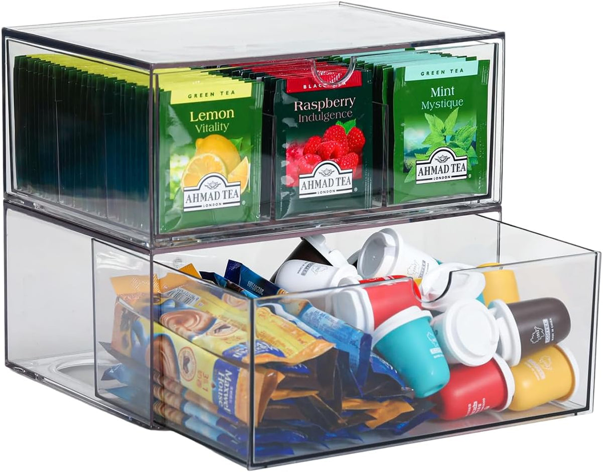CLUQMEIK 2 Large Acrylic Tea Bag Organizer, 9 Grids Tea Organizers and Storage with Acrylic Drawers Stackable, Teabag Holder Organizer for Counter Countertop Kitchen Cabinet