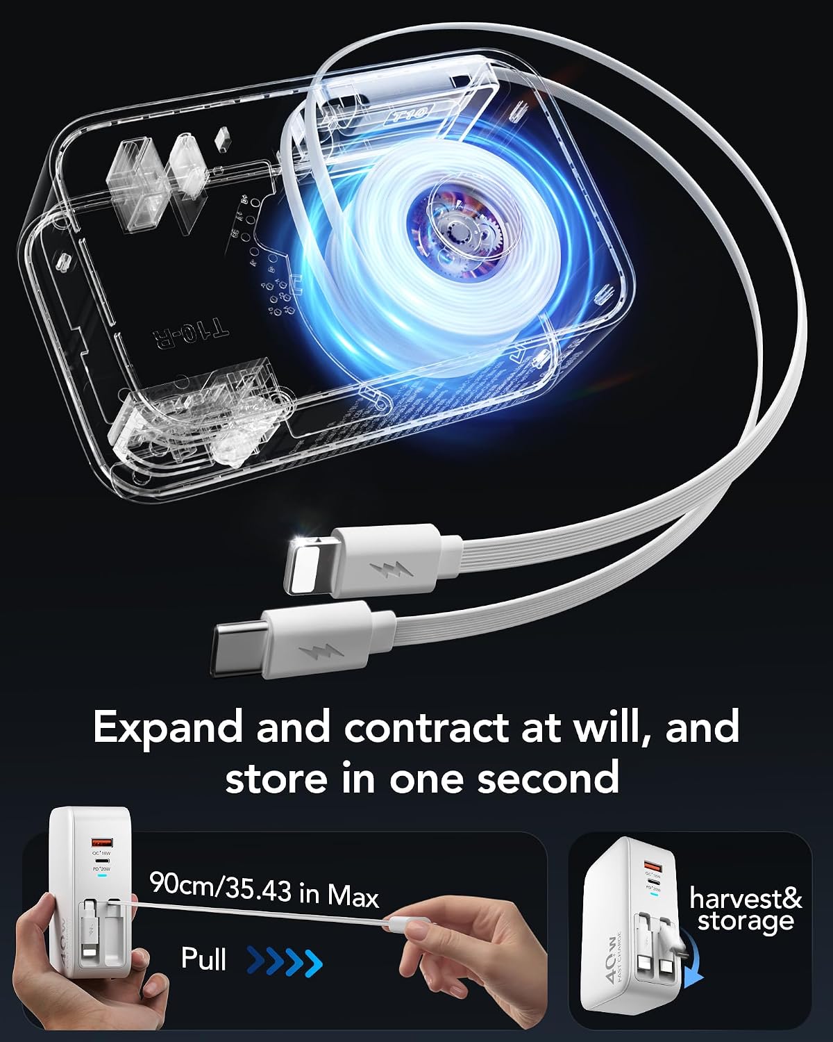 4-in-1 Retractable USB C Wall Charger,40W Fast Charging for Multi-Device