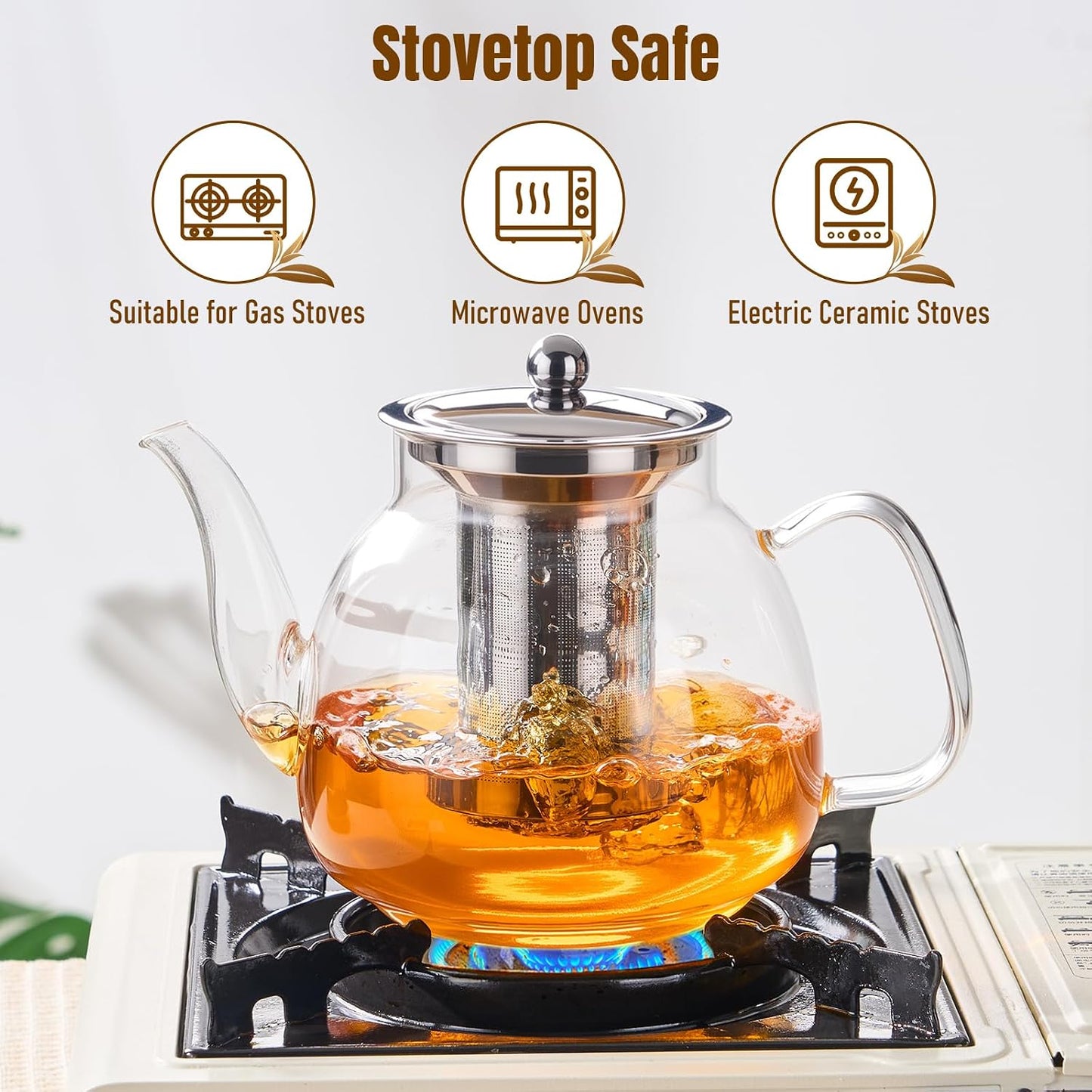 PARACITY Glass Teapot Stovetop 40 OZ/1200ml, Borosilicate Clear Tea Kettle with Removable 18/8 Stainless Steel Infuser, Teapot Blooming and Loose Leaf Tea Maker Tea Brewer for Camping, Travel